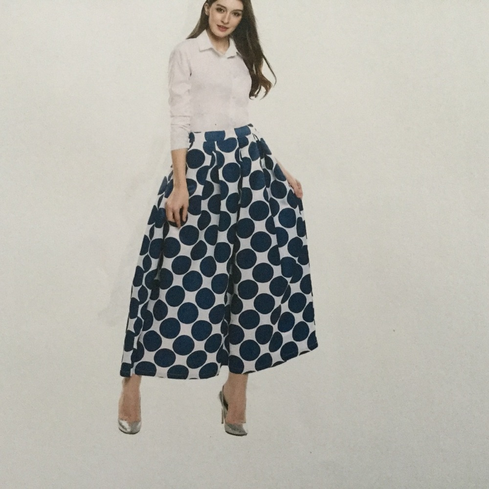 Meaneor- Blue & White Polka-Dot Maxi Skirt - Picture 4 of 6